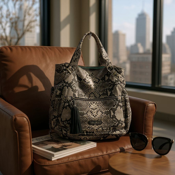 Cynthia Rowley Black Gray Snakeskin print all Leather bag With Shoulder Strap - Picture 3 of 16